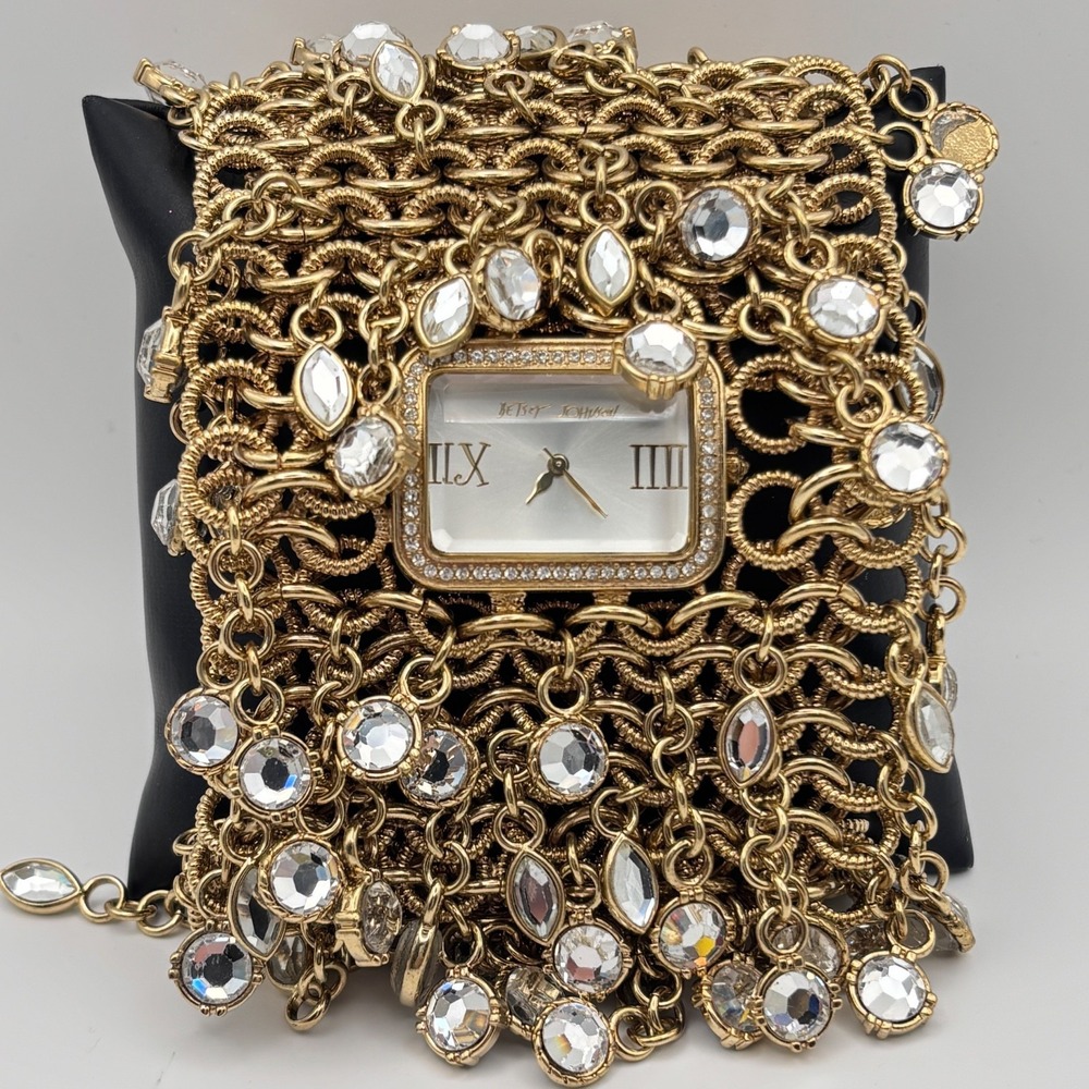Betsey Johnson Watch Crystal Wide Chain Bracelet Gold Tone Needs Battery
